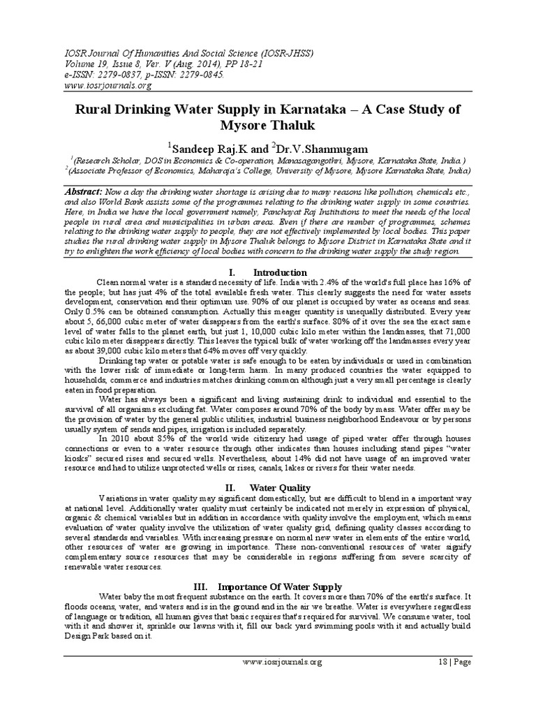Rural Drinking Water Supply in Mysore Thaluk - A Case Study | PDF ...