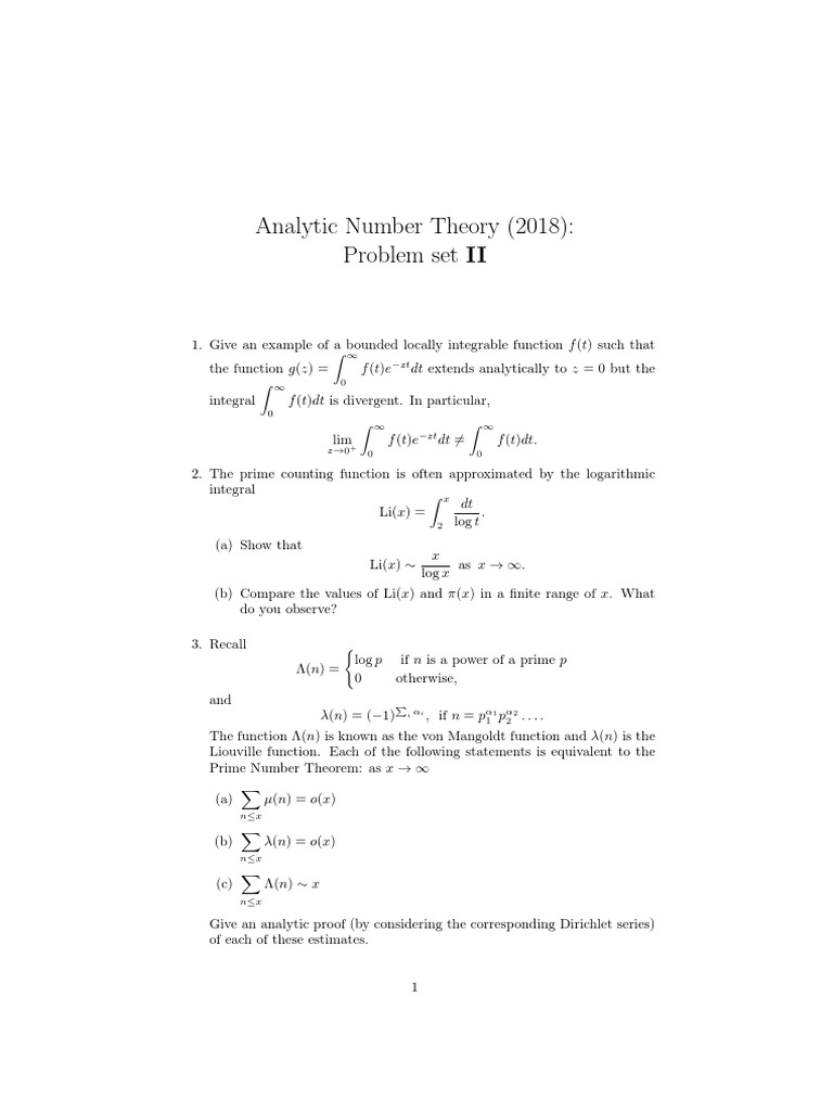 Analytic Number Theory (2018) Problem Set II PDF