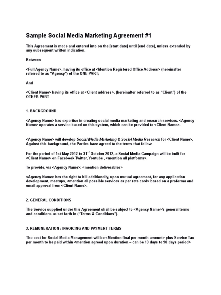 Sample Social Media Marketing Agreement #1 | PDF | Confidentiality 