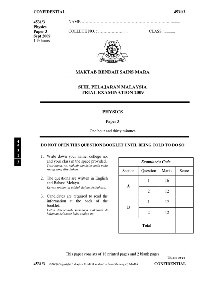 Soalan Percubaan Fizik Kertas 3 - Hallowel