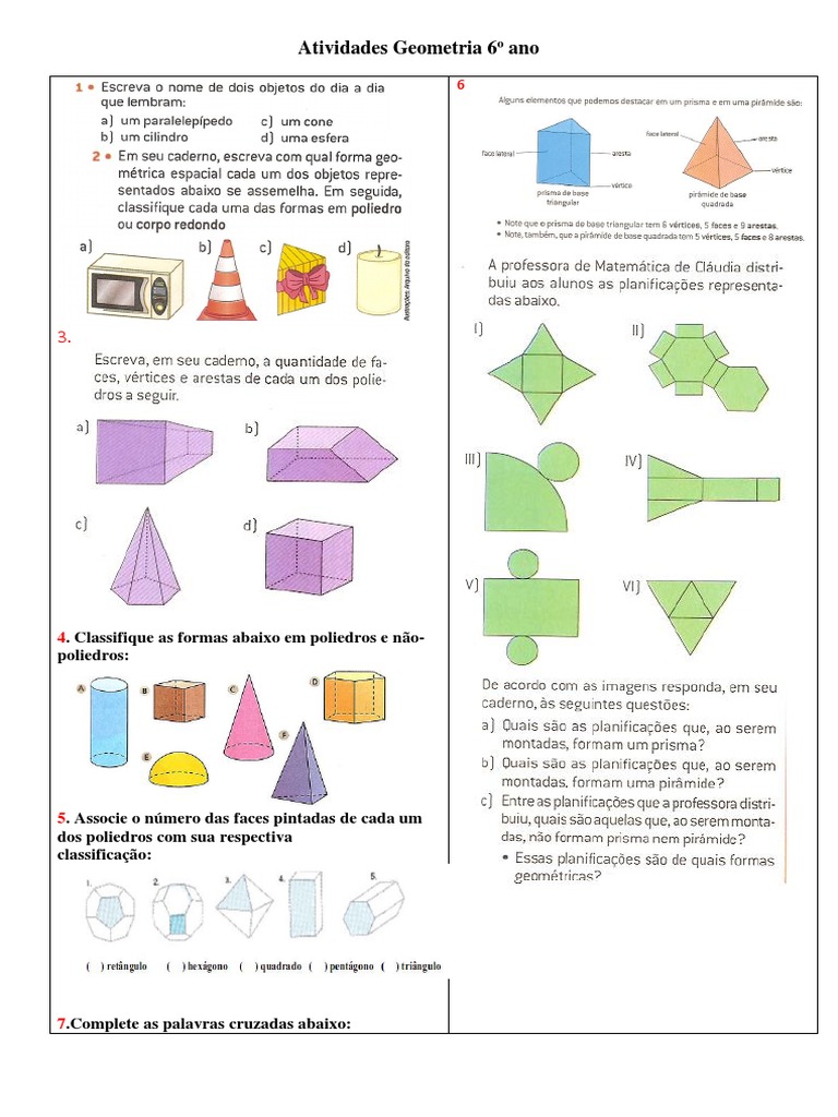 Atividade Poliedros 6º Ano