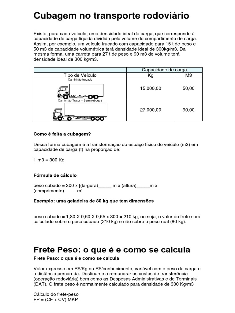 Cálculo da Cubagem no Transporte Rodoviário | PDF | Embalagem e ...