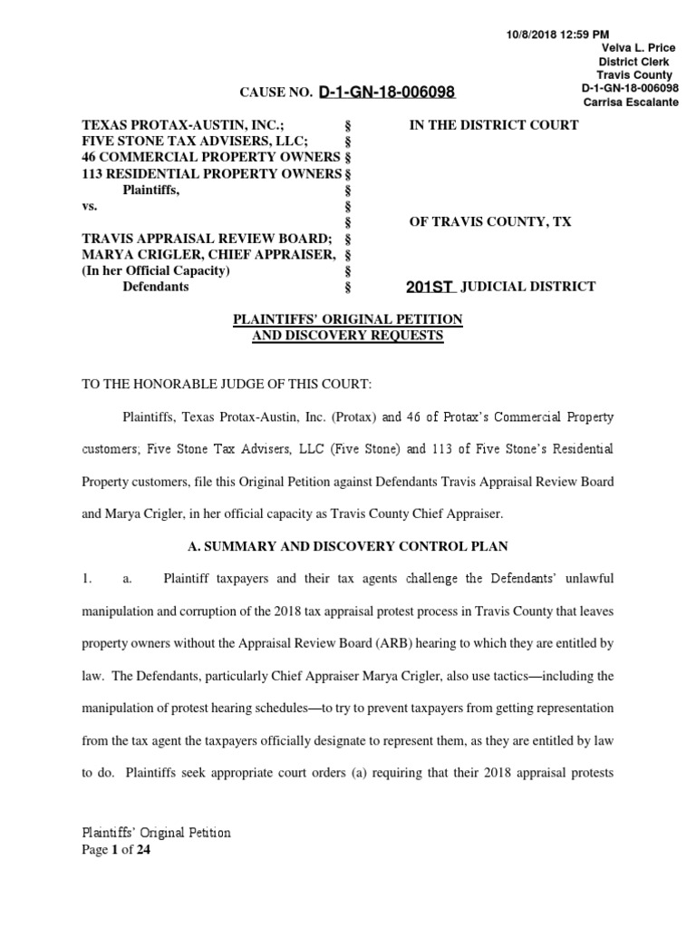 Travis County Appraisal Review Board Suit Real Estate Appraisal Lawsuit