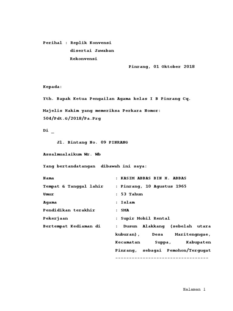 14 Contoh Surat Replik Perceraian Di Pengadilan Agama Kumpulan Contoh Surat