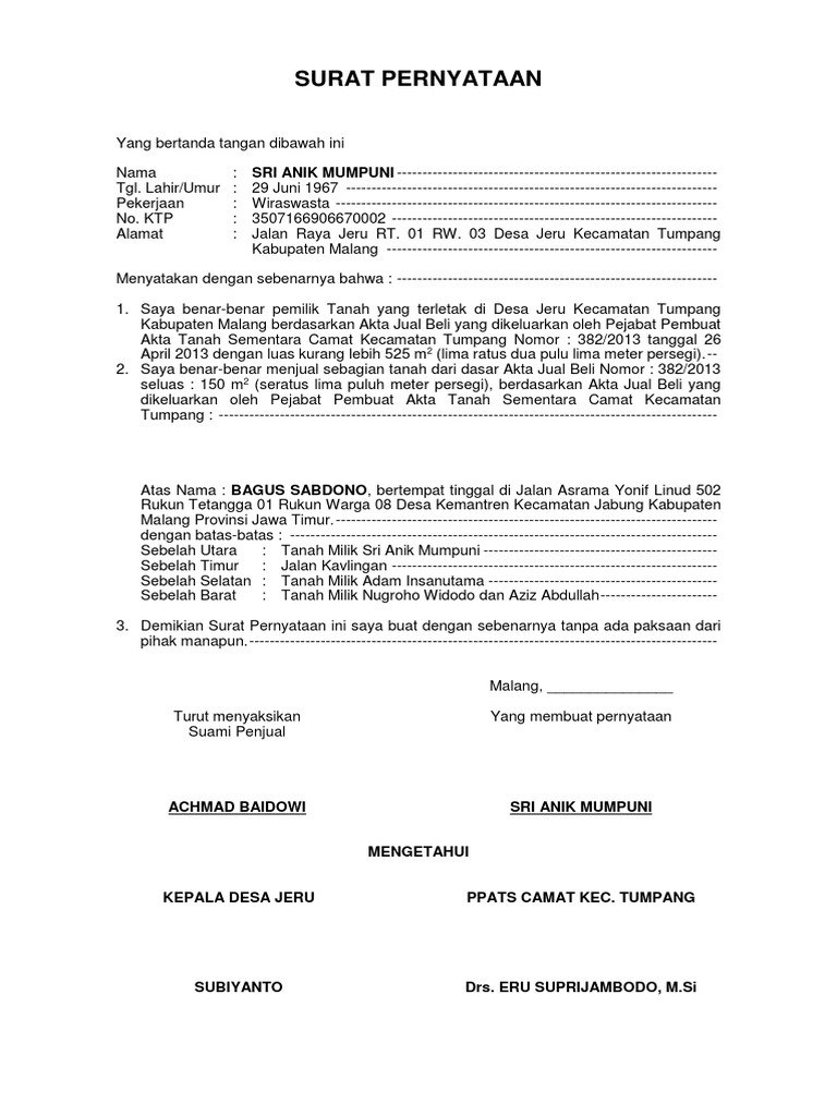 Surat Pernyataan Sebagian Dijual