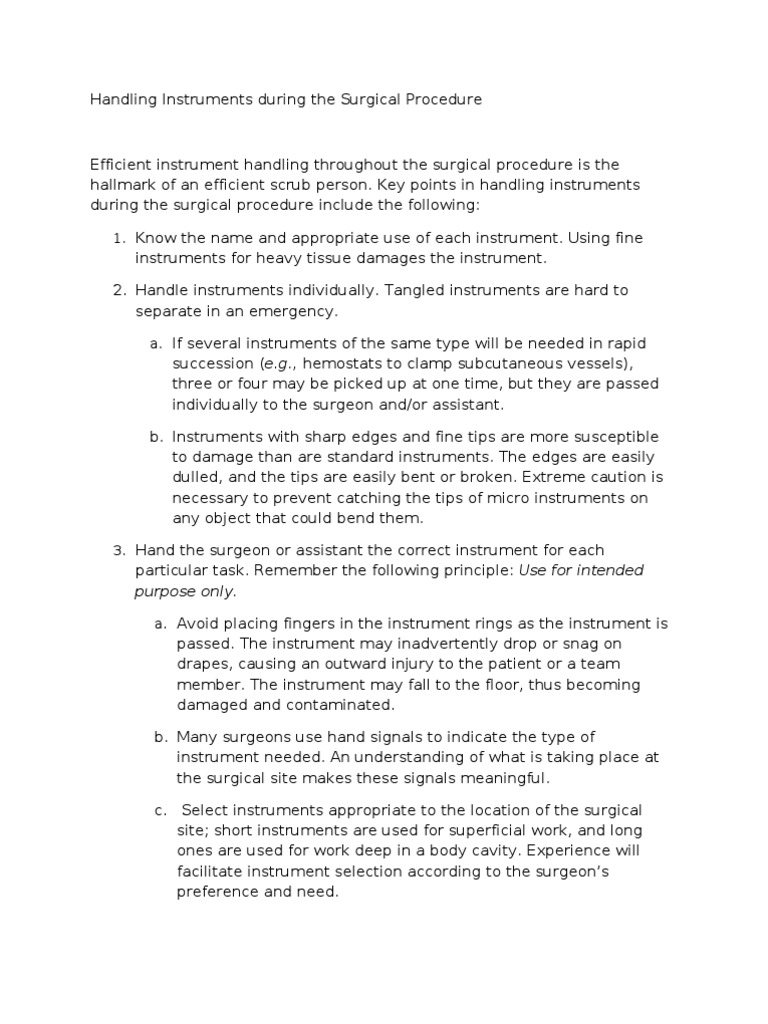 Handling Instruments During The Surgical Procedure PDF Surgery