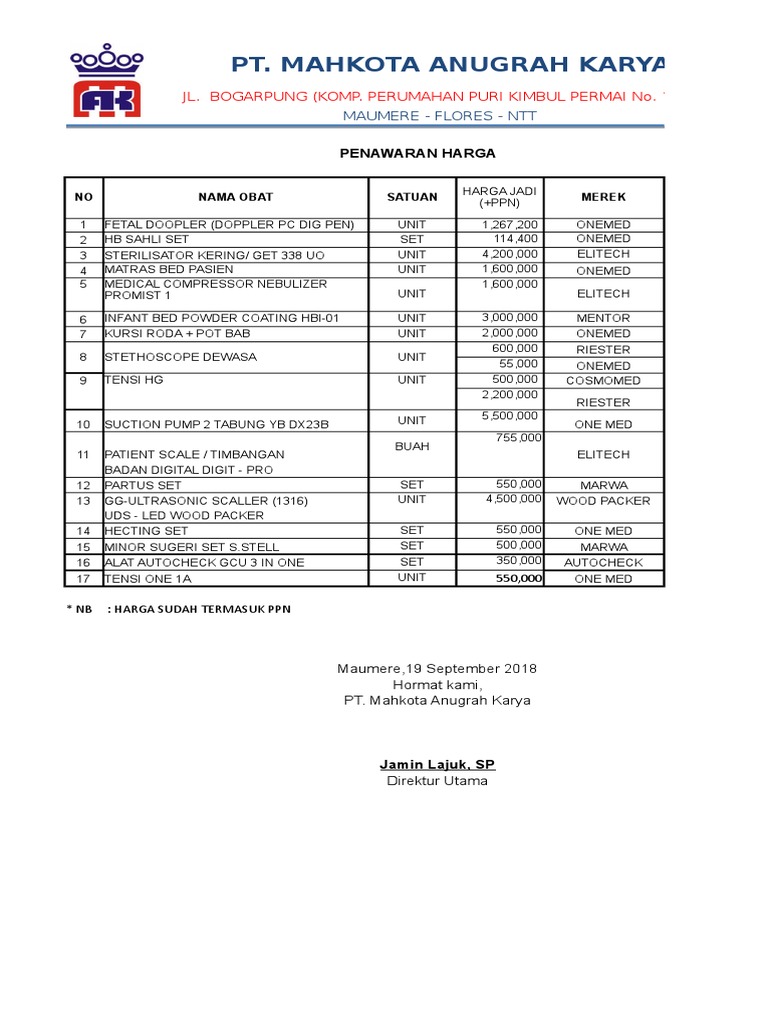 Medical Equipment Price List from PT. Mahkota Anugrah Karya in Maumere