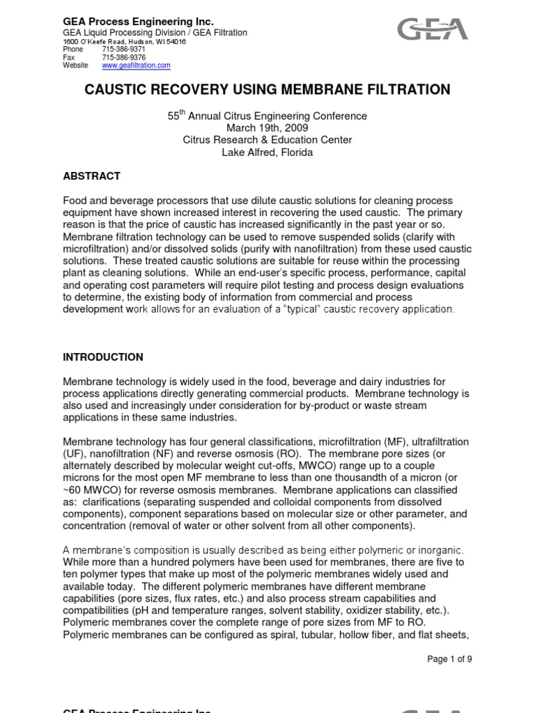 Caustic Recovery Membrane Filtration PDF Membrane Membrane Technology