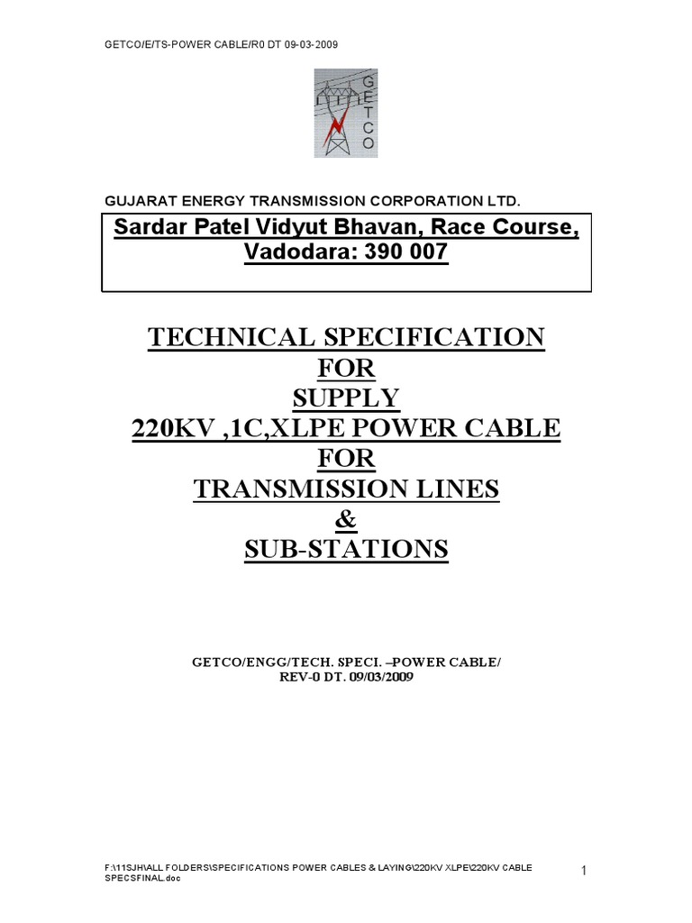 Technical Specification FOR Supply 220Kv, 1C, Xlpe Power Cable FOR ...