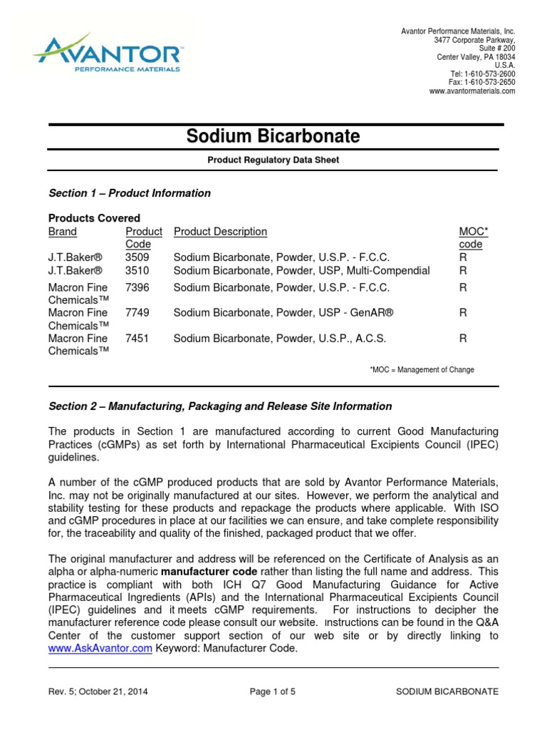 Sodium Bicarbonate MSDS Avantor | PDF | Toxicity | Personal 