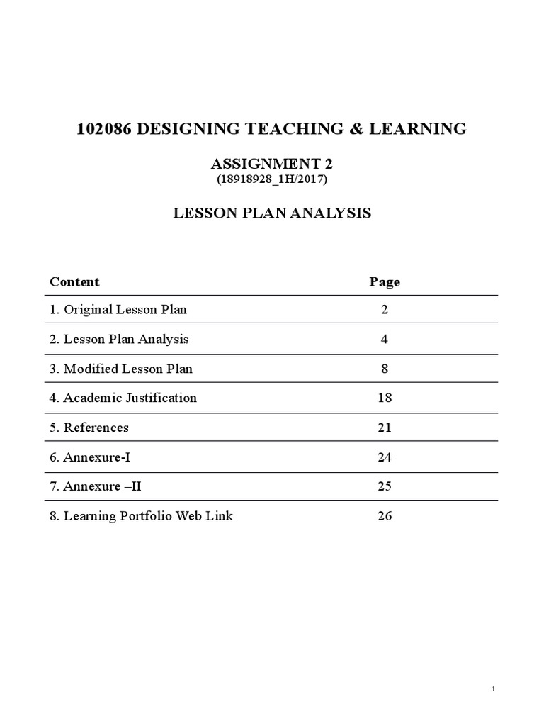 Designing Teaching & Learning: Assignment 2 Lesson Plan Analysis | PDF ...