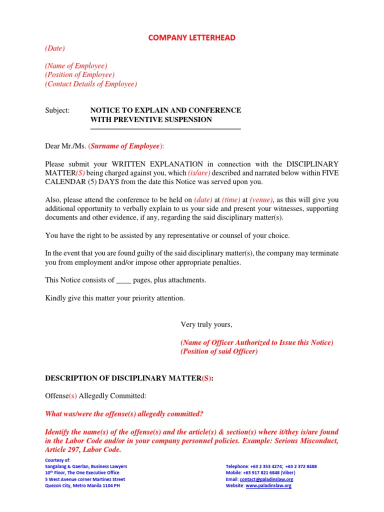 Notice To Explain With Conference (Template) PDF Mail Employment