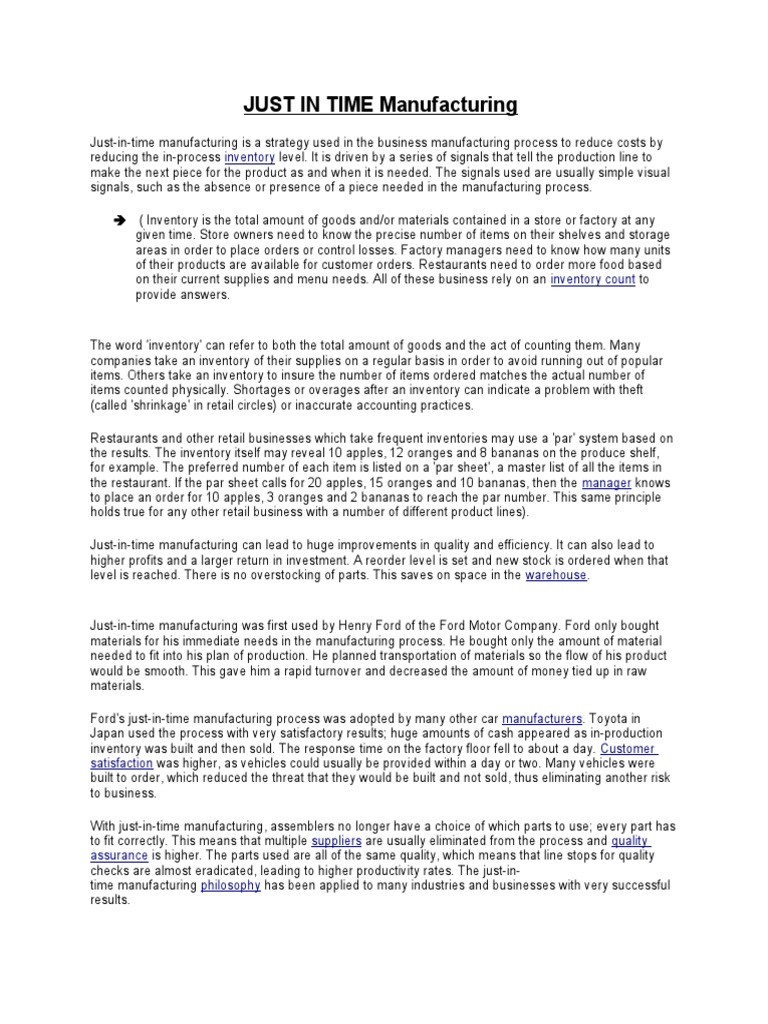 JUST in TIME Manufacturing | PDF | Inventory | Economies