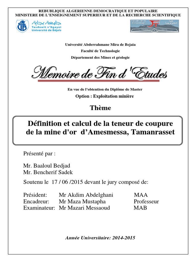 Memoire de Fin d'etude Mst,Mine,Algerie  Or  Exploitation minière