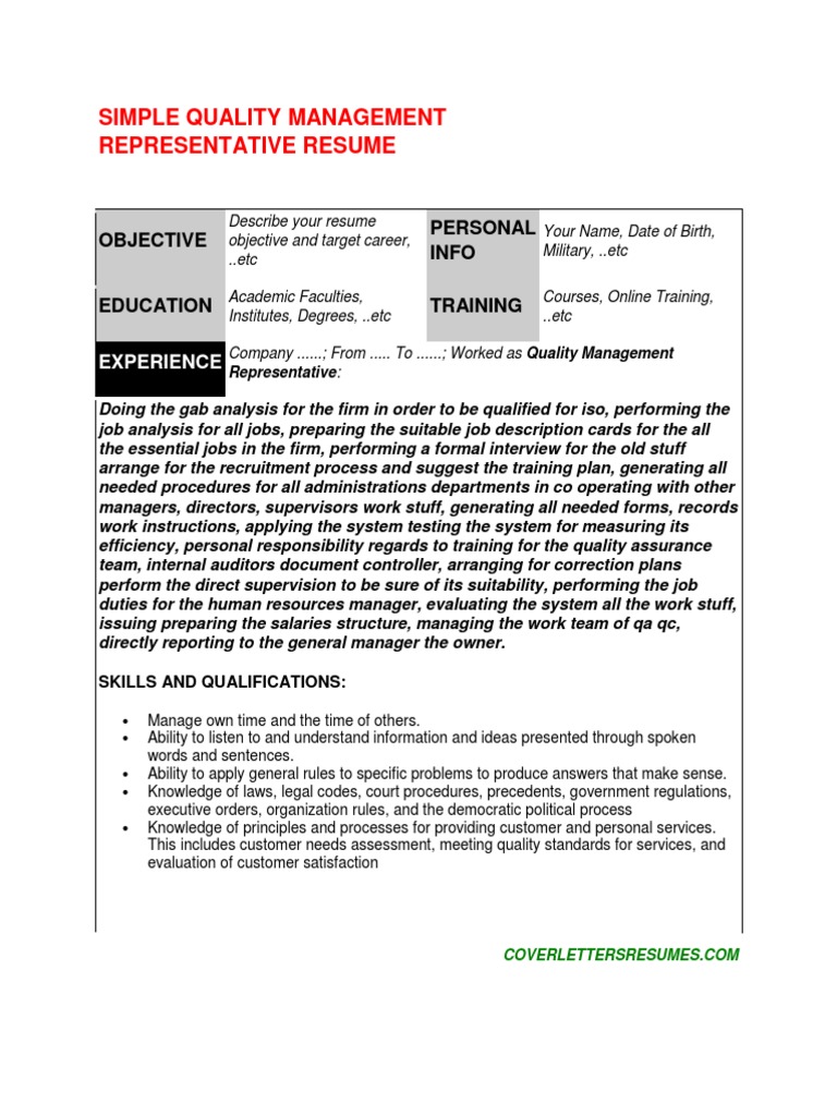 Quality Management Representative Resume | PDF