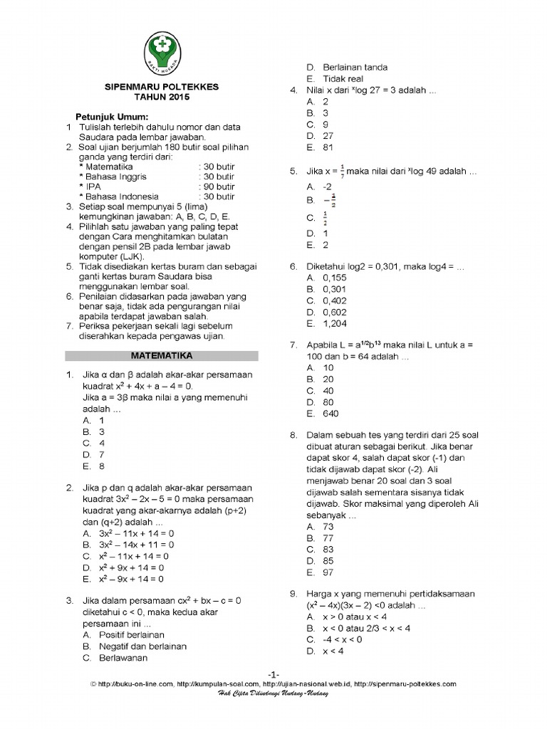 1. Soal Sipenmaru Poltekkes 2015 Bid. Matematika Gratis.pdf