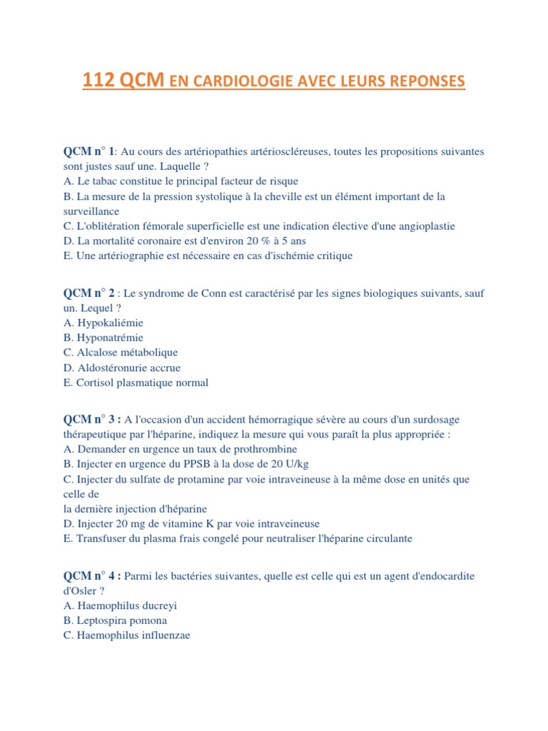 112 QCM en Cardiologie Avec Leurs Réponses PDF | PDF | Insuffisance ...