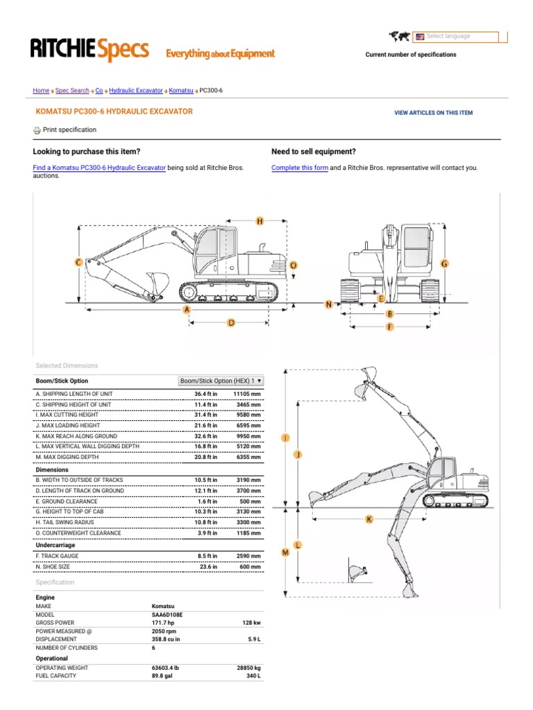 Komatsu PC300-6 Excavator Specifications | PDF | Rotating Machines ...