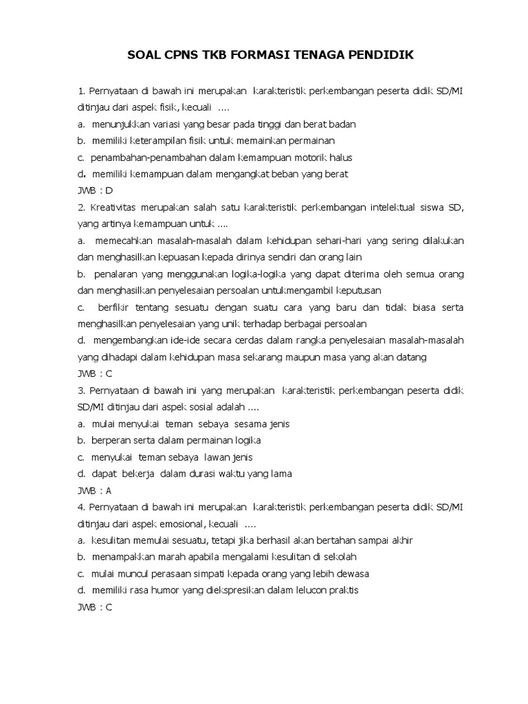 Contoh Soal Tkb Guru Kelas Sd Contoh Soal Terbaru