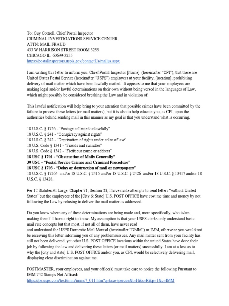 Letter to Postmaster United States Postal Service Mail Free 30