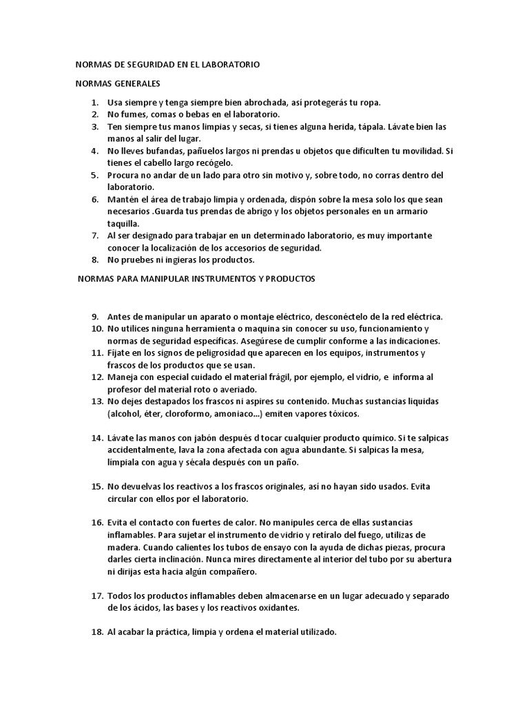 Normas de Seguridad en el Laboratorio | PDF | Laboratorios | Lentes