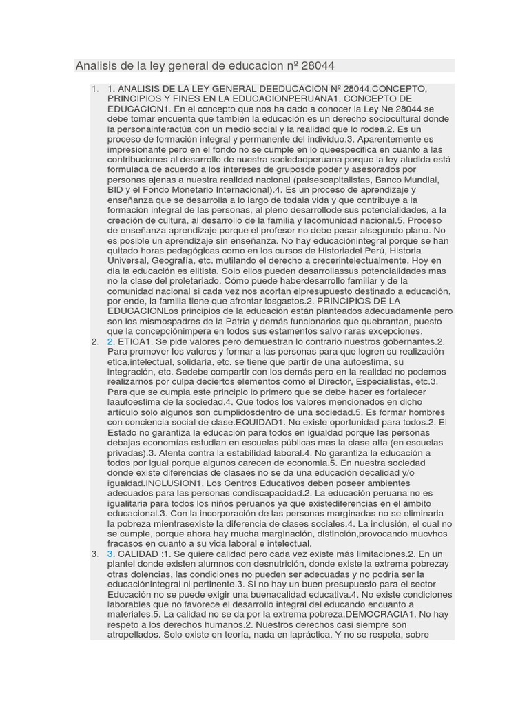 Análisis de la Ley 28044 en Educación Peruana | PDF | Libertad | Maestros