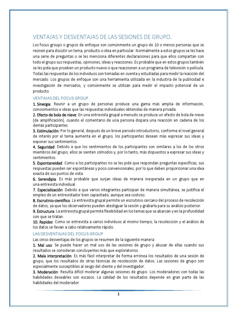 Sesiones de Grupo Ventajas y Desventajas | PDF | Grupo de enfoque ...