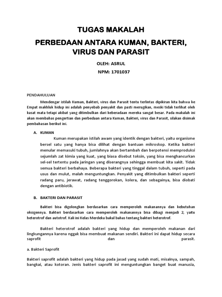 Tugas Makalah Perbedaan Antara Kuman Bakteri Virus Dan Parasit
