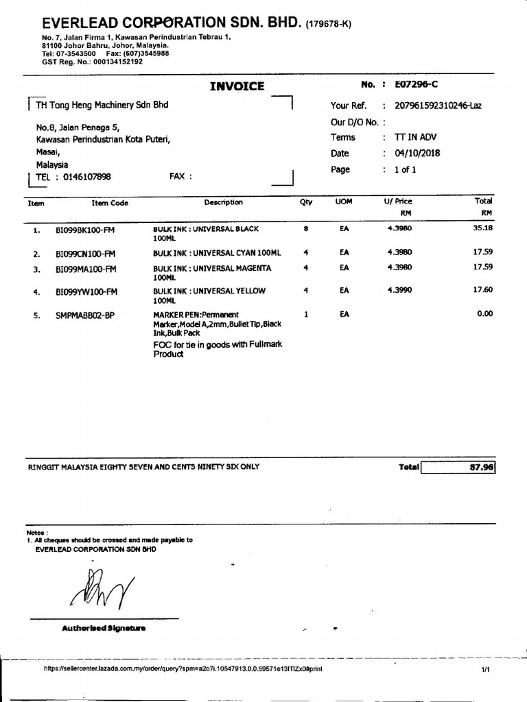Business Invoice for Ink Supplies | PDF