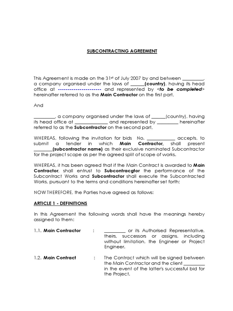 Subcontracting Agreement Nominated Subcontractor PDF Indemnity