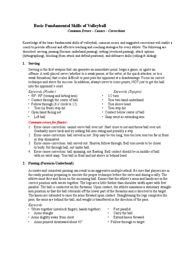 Basic Fundamental Skills of Volleyball 1. Serving PDF Volleyball