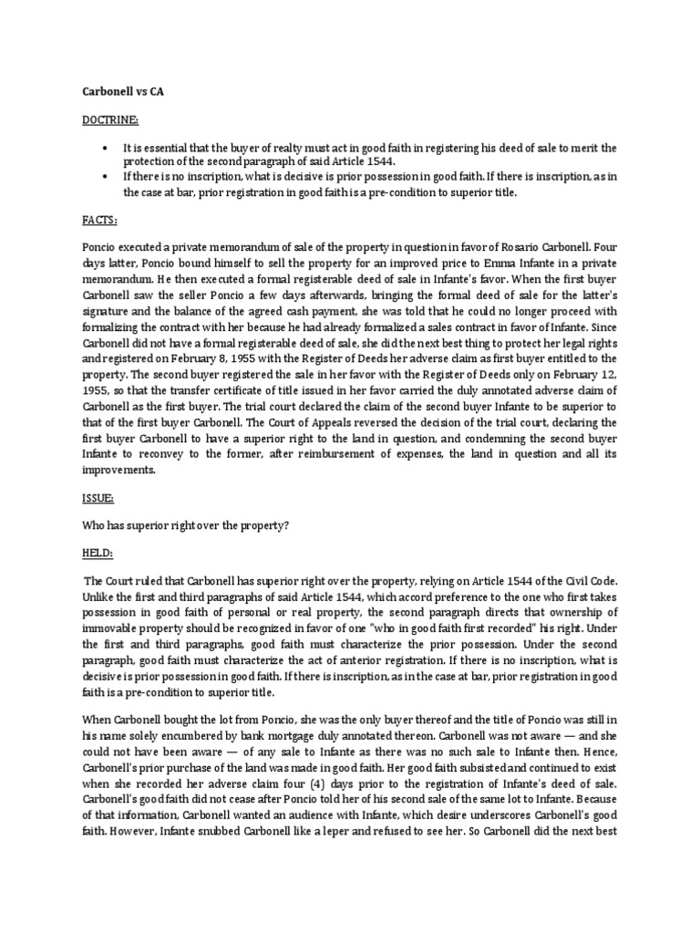 Carbonell Has Superior Right Over Property Based on Good Faith Registration in Accordance with