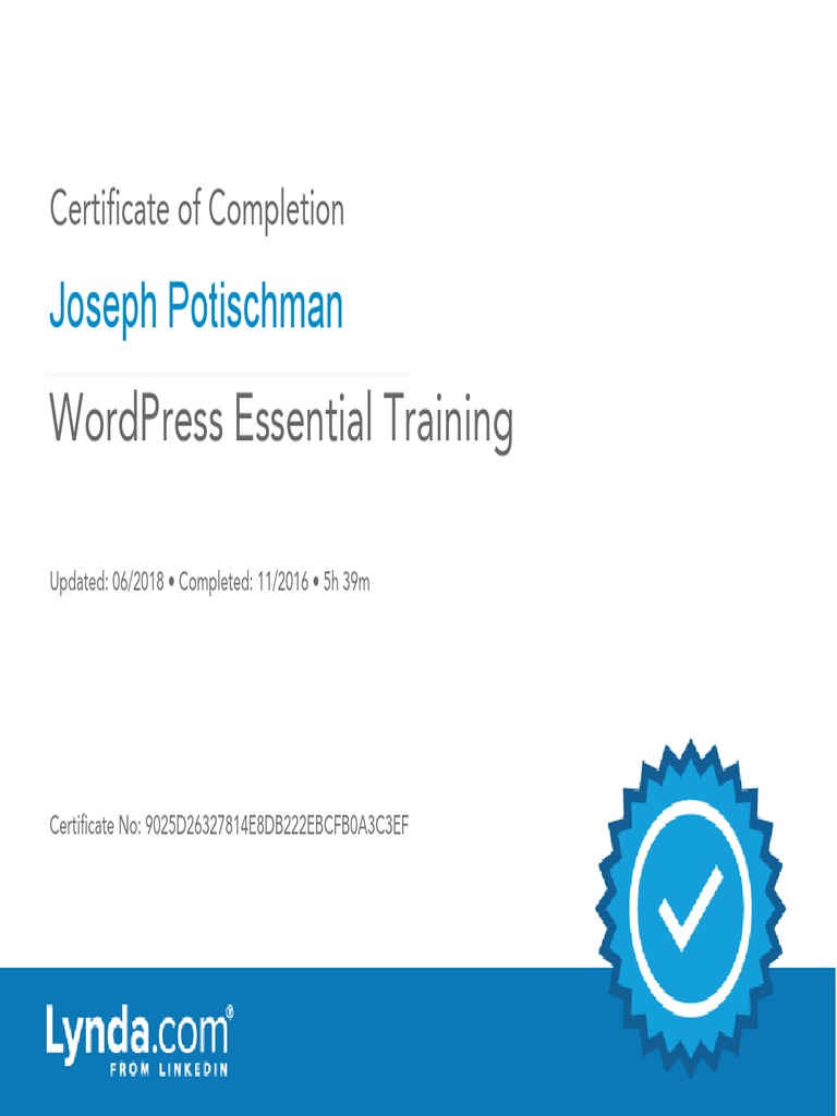 J. Potischman WordPress EssentialTraining Certificate of Completion | PDF