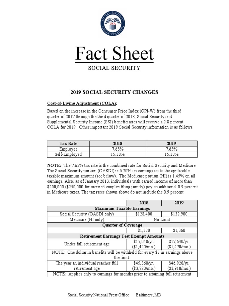 Social Security Cola Facts 2019 Social Security (United States