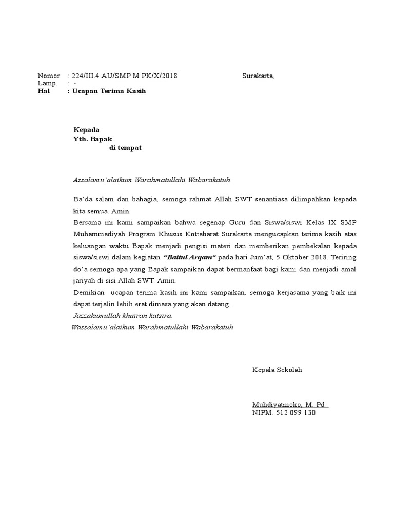 Surat Ucapan Terima Kasih Pembicara