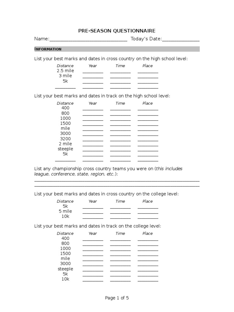Name Today's Date PreSeason Questionnaire PDF Running Track