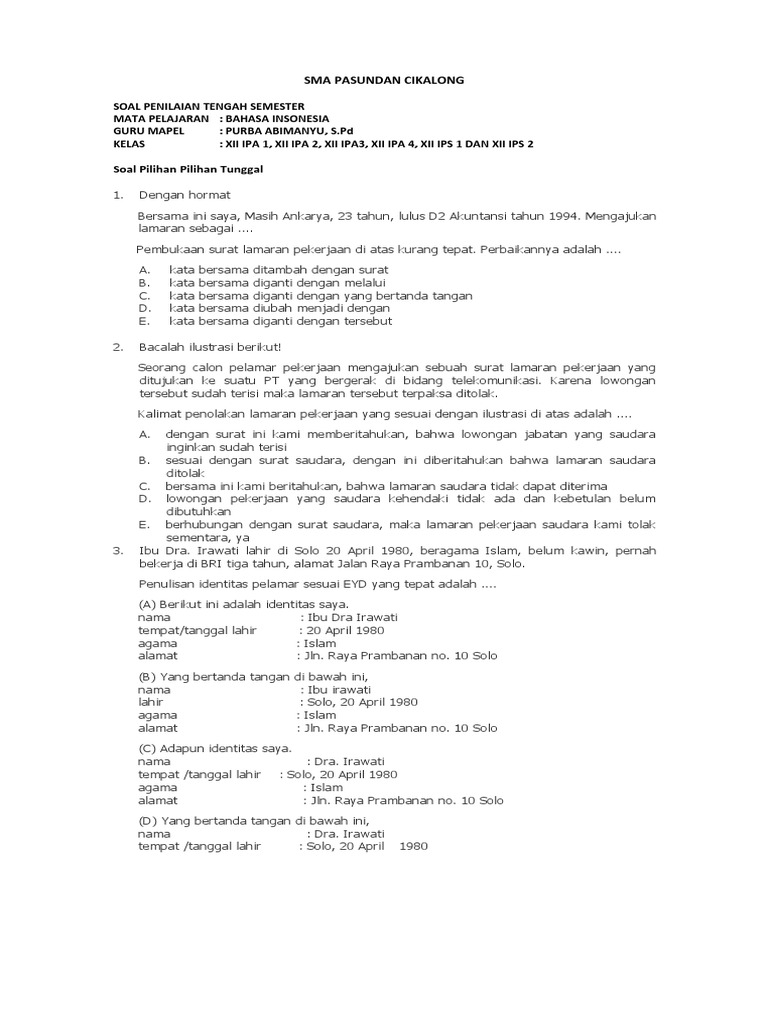 Soal Bahasa Indonesia Kls Xii Surat Lamaran Dan Cerita Sejarah