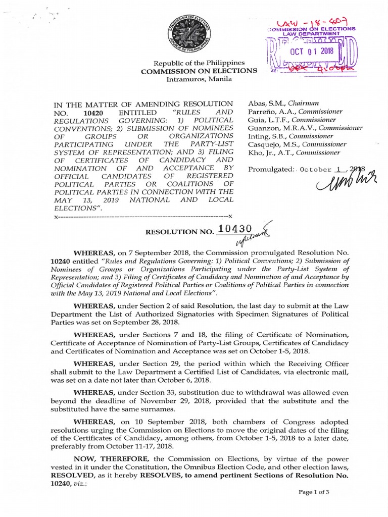 COMELEC Resolution No. 10430 Amended COC PDF | PDF