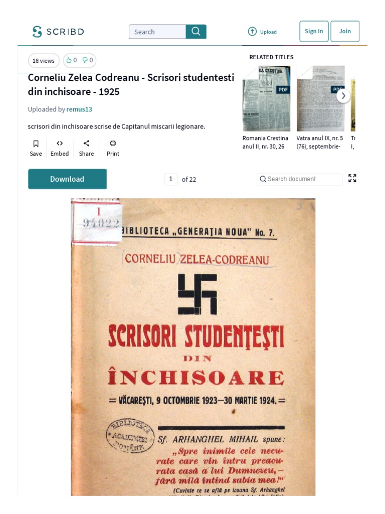 Corneliu Zelea Codreanu - Scrisori Studentesti Din Inchisoare 1925 | PDF