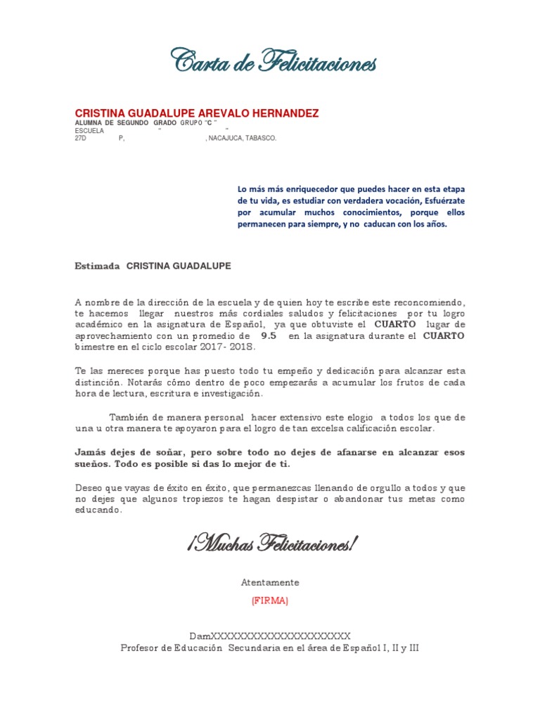 Carta de Felicitaciones Secundaria IV Bloque | PDF, image size:768x1024