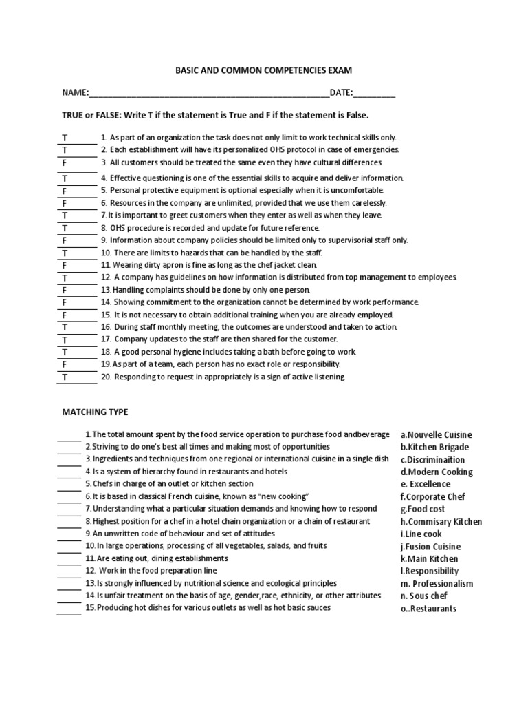 Basic Competencies Exam Guide | PDF | Chef | Foods