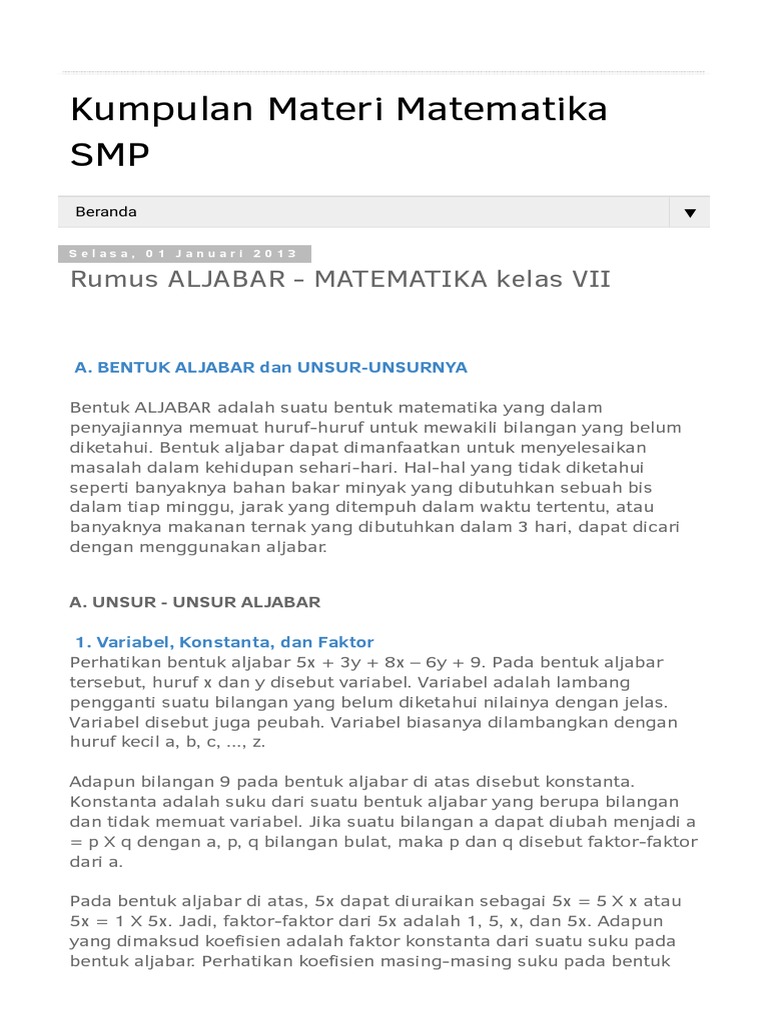 Rumus Aljabar Matematika Kelas Vii Html Pdf