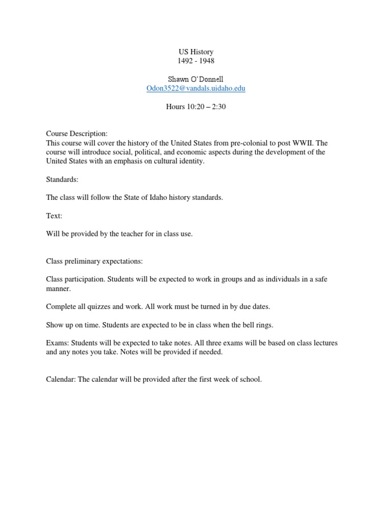 US History Course Overview 1492-1948 | PDF