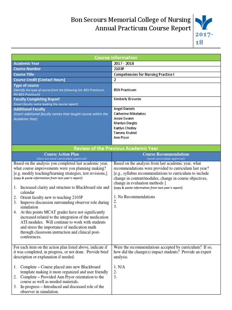 2017-18 Nur 2013p Practicum Course Report | PDF | Course Evaluation |  Nursing