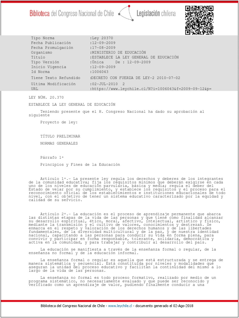 Ley General de Educación en Chile | PDF | Educación Secundaria ...