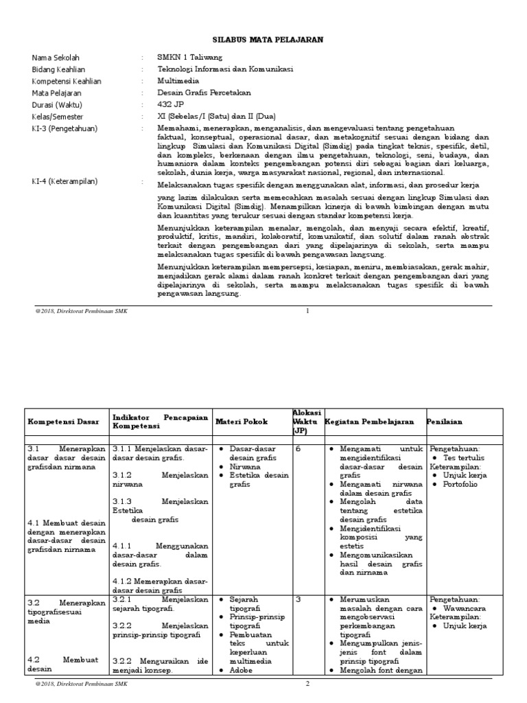  Silabus  Desain  Grafis  Percetakan  Semester 2 Revisi Sekolah