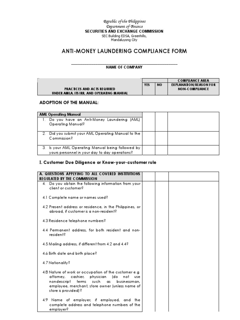 Anti-Money Laundering Compliance Form | PDF | Financial Action Task ...