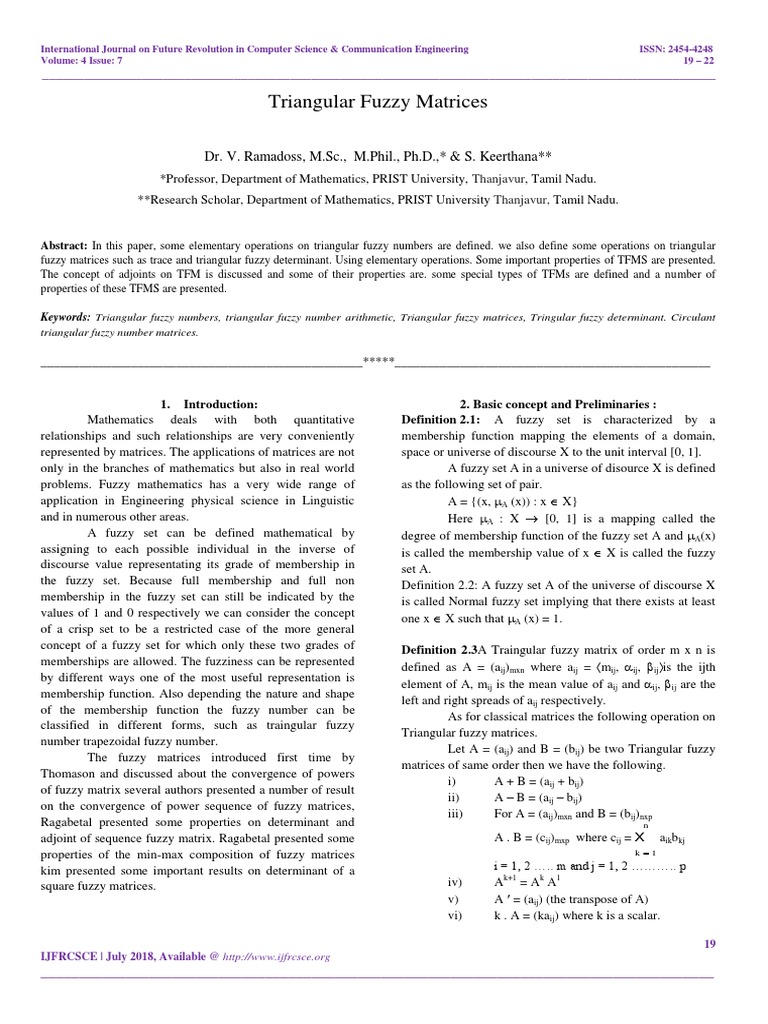 Operations on Triangular Fuzzy Matrices | PDF | Determinant | Matrix ...
