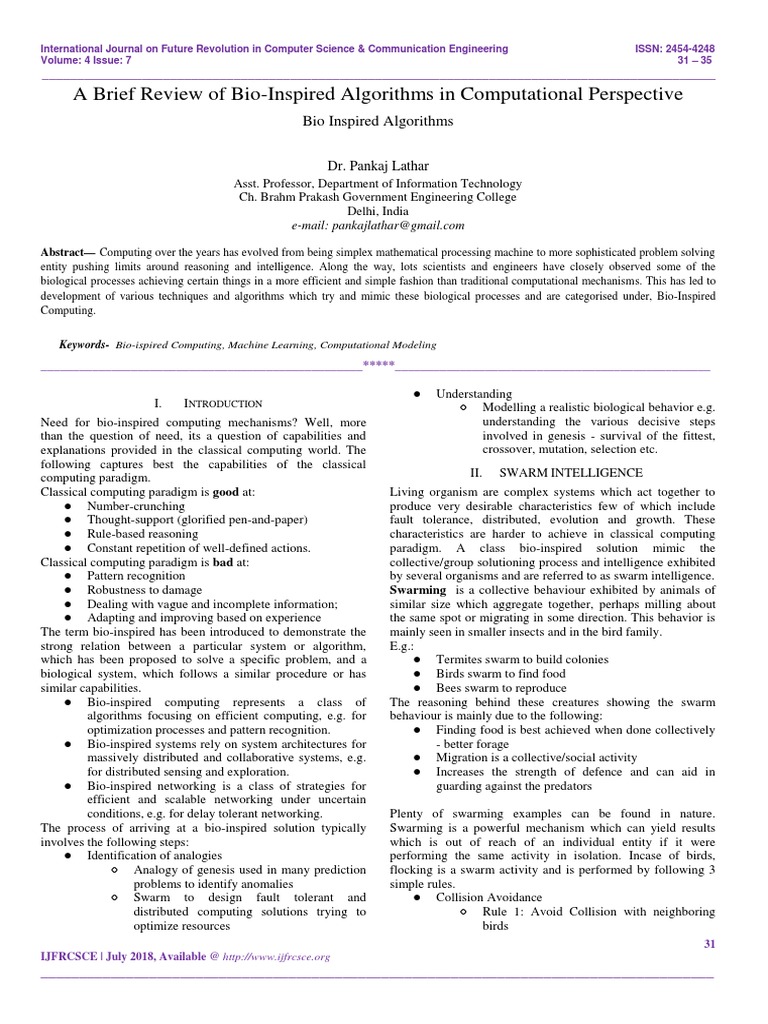 A Brief Review of Bio-Inspired Algorithms in Computational Perspective ...