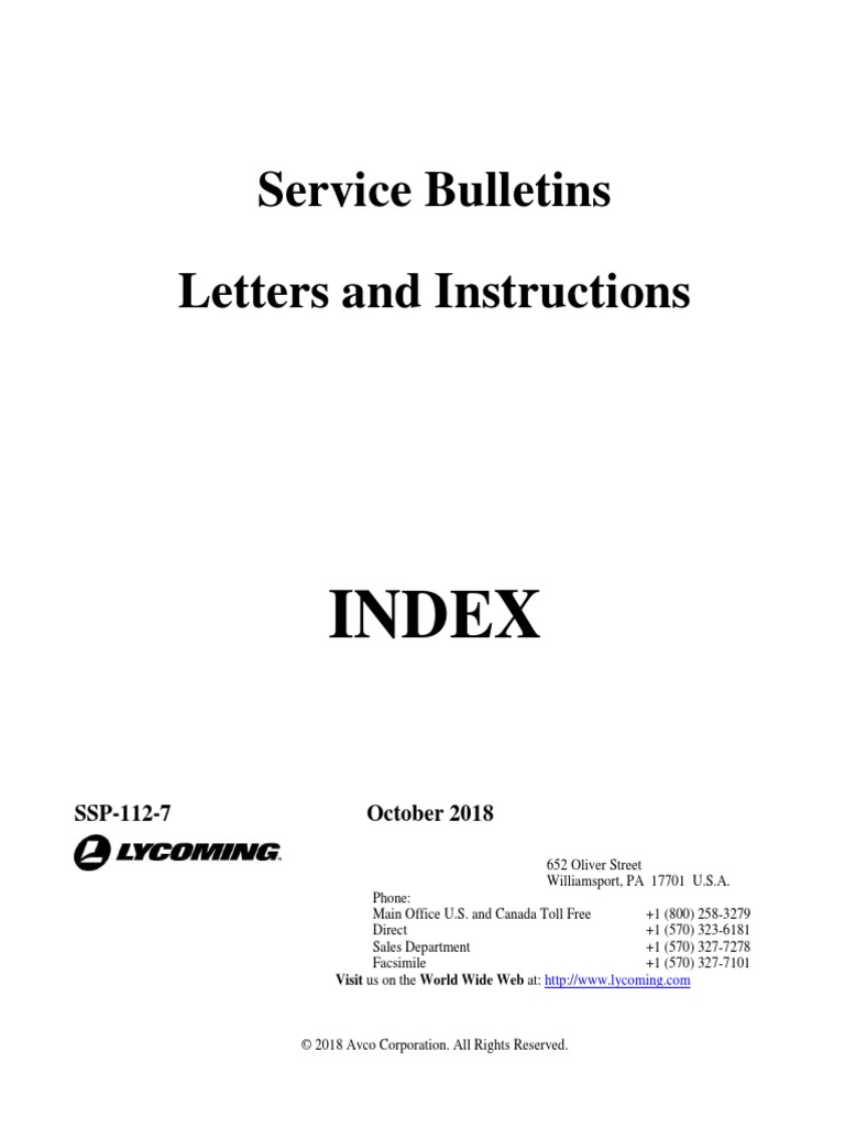 Service Bulletins, Letters, and Instructions Index